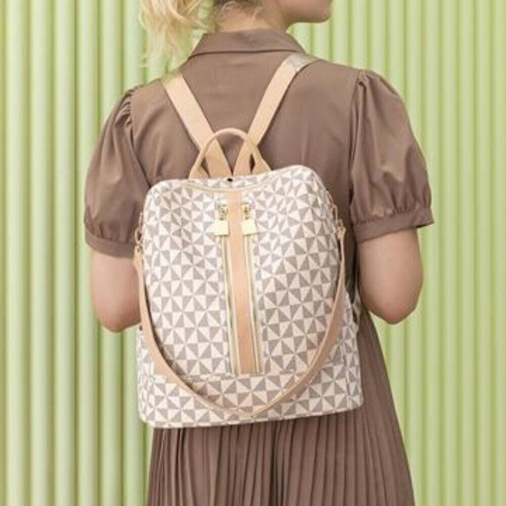 Beige Vegan Leather Backpack Convertible Shoulder Bag + Wallet
